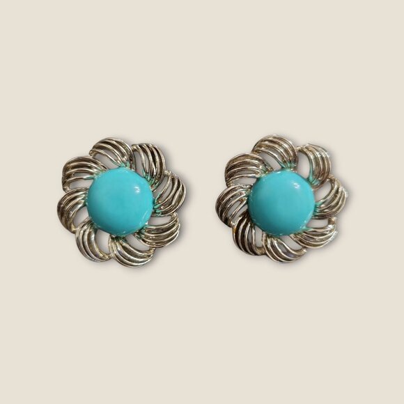 Vintage Estate  Turquoise Colored & Silver-Tone Flower Cufflinks - Picture 2 of 6